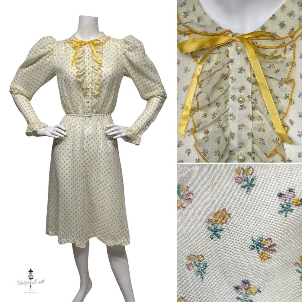 Vintage 1970s 70s Jerri Gee Calico Cottagecore Dollcore Ruffle Dress XS S 2 4